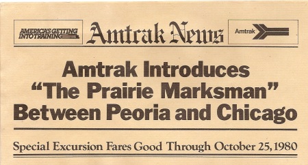 To introduce the Prairie Marksman, Amtrak created a leaflet that was designed in part to look like a newspaper page. A portin of the leaflet is shown here. 