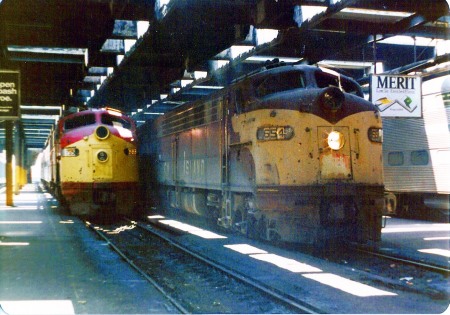 The Quad City Rocket (right) and Peoria Rocket repose at Chicago's LaSalle Street Station after having arrived on June 25, 1977. (Photograph by Craig Sanders)
